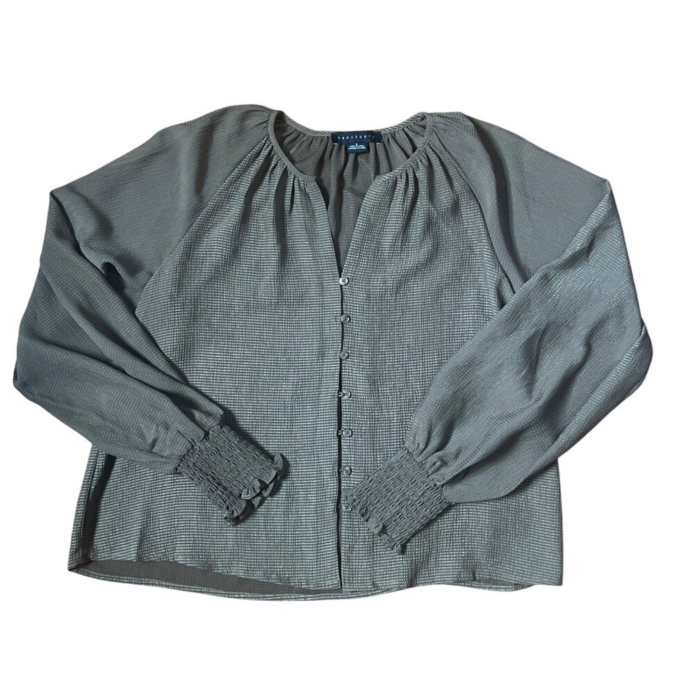 Sanctuary Womens Olive Textured Button-Down Blouse With Smocked Cuffs Long Sleev